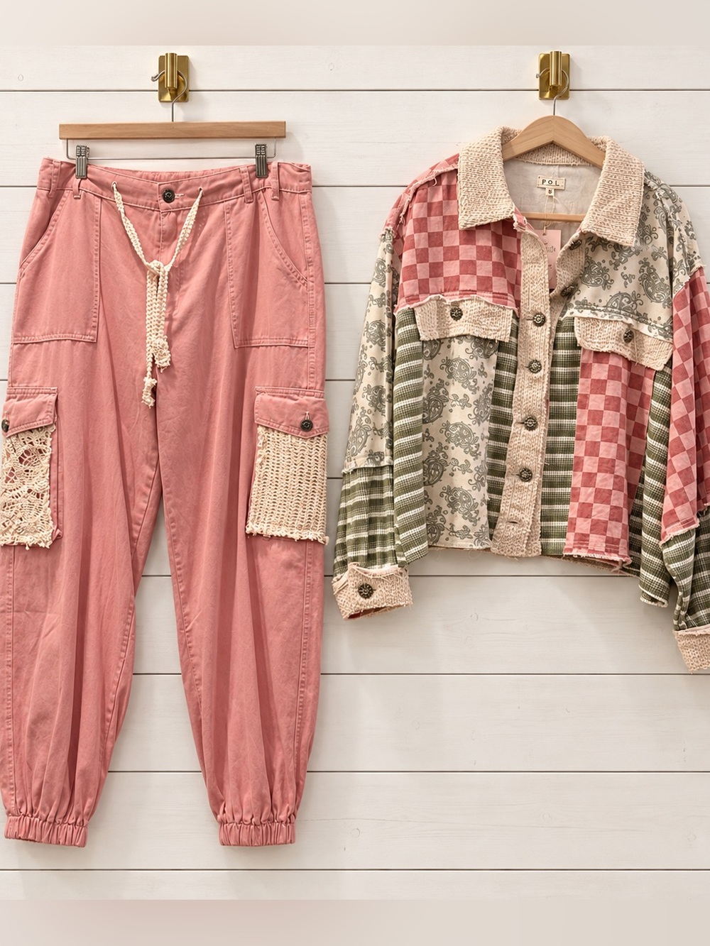 POL SET: “The Rosetta”Crochet-Pocket Cargo Joggers in Dusty Rose and Jacket